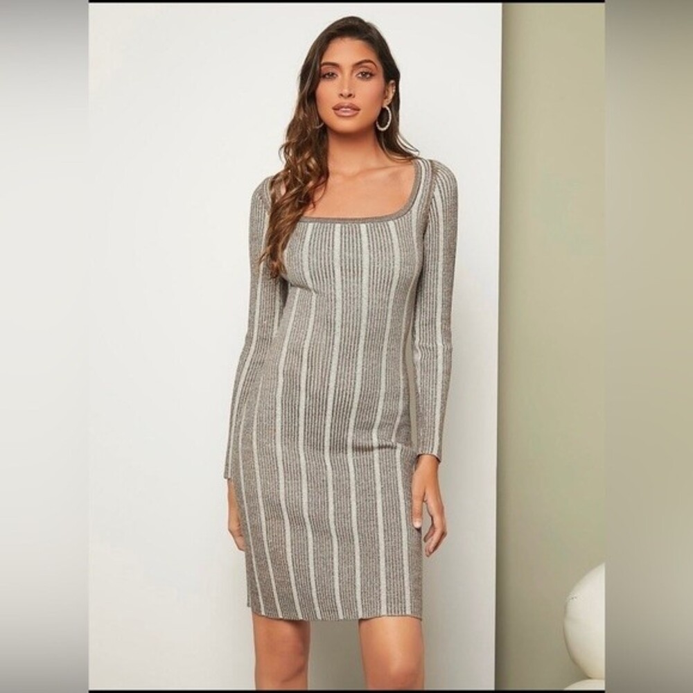 SHEIN UK - Striped Pattern Square Neck Knit Bodycon Dress - sz S NWOT